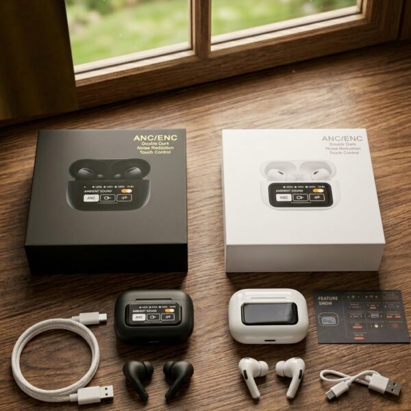 SH-NAZ Smart Display Wireless Earbuds with ANC/ENC – Touch Control TWS Earphones with LED Screen Charging Case